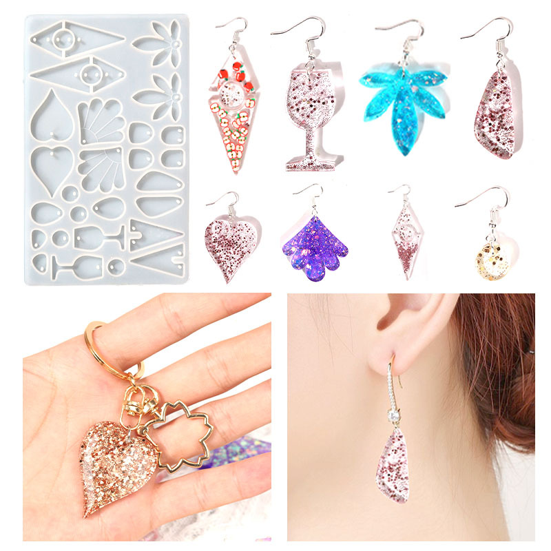 DIY Drip Rubber Mold Maple Leaf Love Geometric Earrings Pendant Silicone Mold Mirror Resin Mold