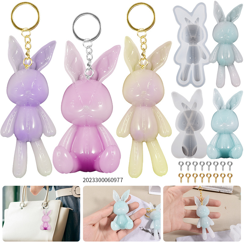 Diy Drip Rubber Mirror Stitch Rabbit Keychain Pendant Bunny Cute Sit Up Rabbit Silicone Mold