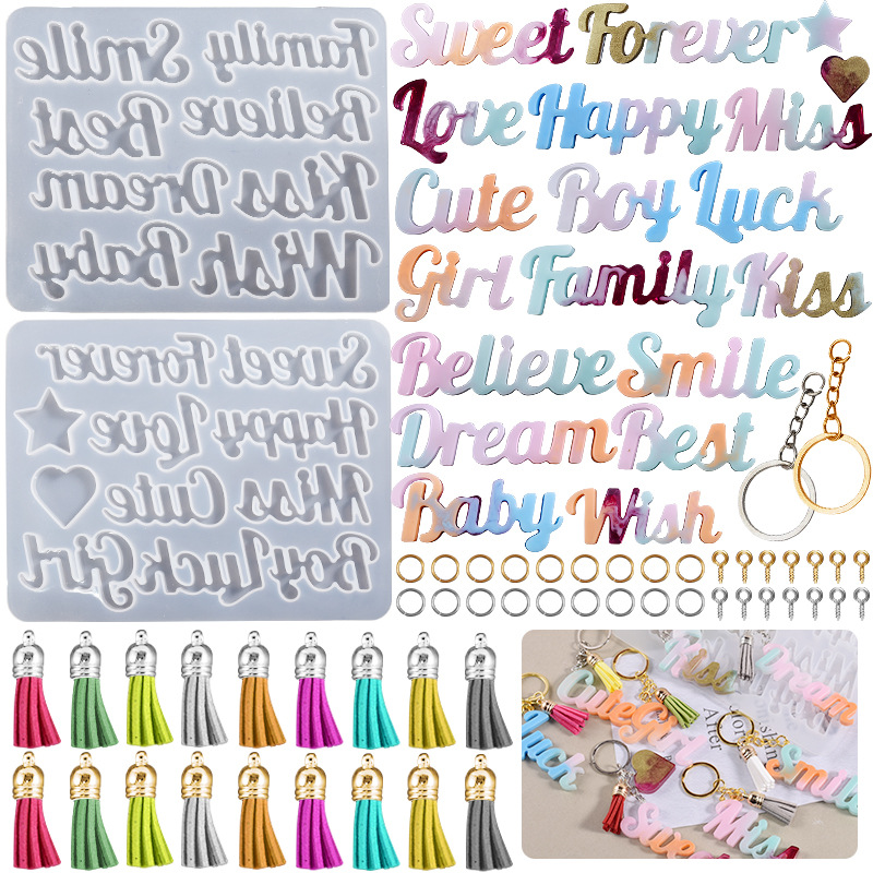 DIY Crystal Drip Resin English Letters Words Blessings Keychain Pendant Silicone Mold