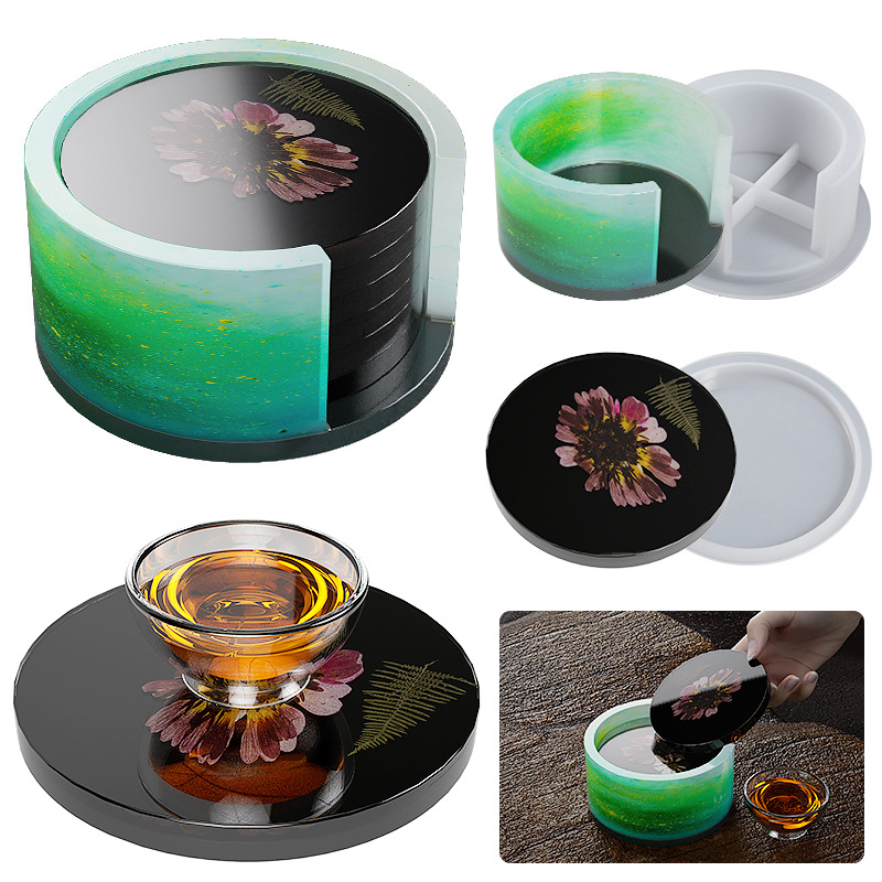 DIY Crystal Drip Resin Plaster Six-Piece Round Coaster Base Organizer Silicone Mold