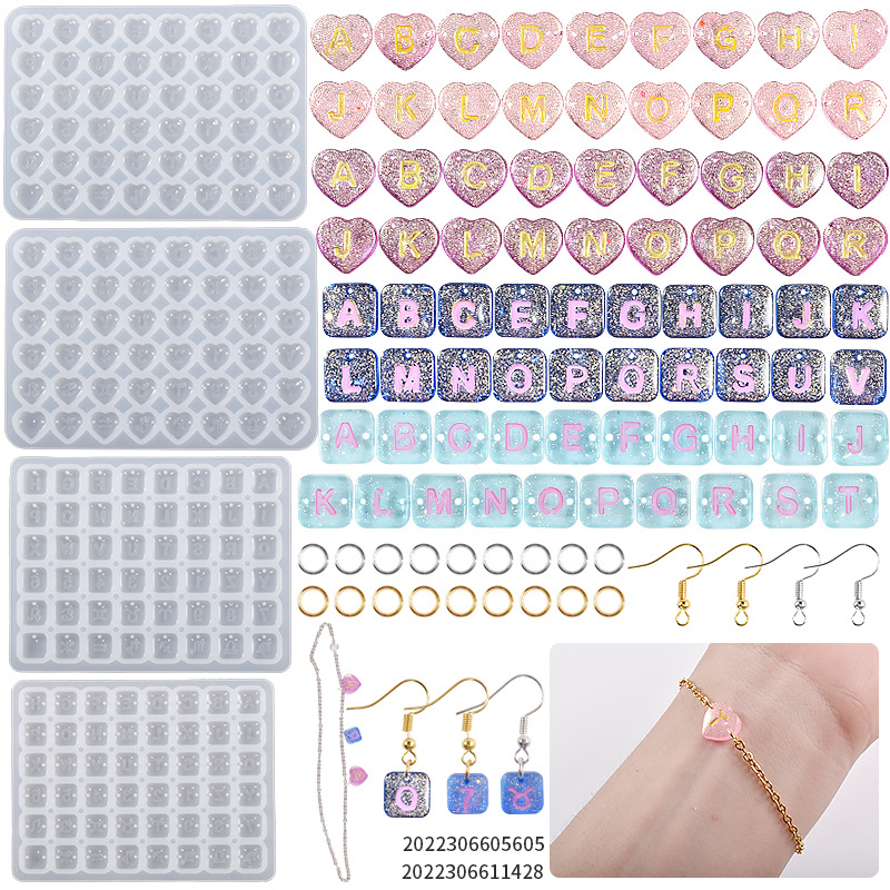 DIY Drip Rubber Square Love Single And Double Holes Alphabet Numeral Bracelet Pendant Earrings Silicone Mold