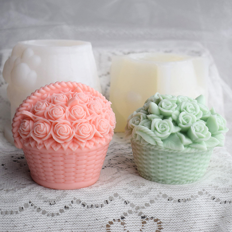 3D Rose Basket Shape Scented Candle Valentine's Day Plaster Ornament Silicone Mold Diy Cake Baking Mold